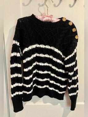 Autres Filles, Navy & White Striped Cable Knit Sweater with Shoulder Buttons.